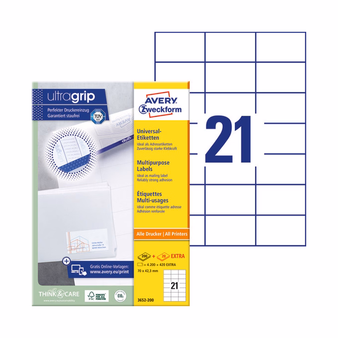 Etikett AVERY 3652-200 70x42,3 mm fehér univerzális 4620 címke/doboz 200+20 ív/doboz