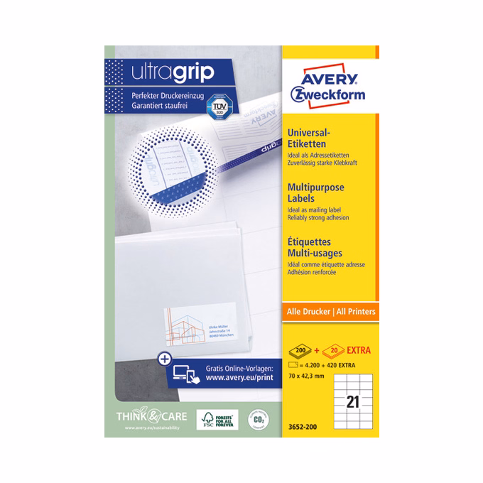Etikett AVERY 3652-200 70x42,3 mm fehér univerzális 4620 címke/doboz 200+20 ív/doboz