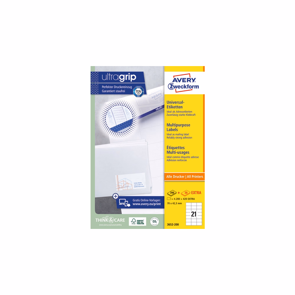 Etikett AVERY 3652-200 70x42,3 mm fehér univerzális 4620 címke/doboz 200+20 ív/doboz
