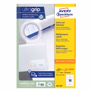 Etikett AVERY 3653-200 105x42,3mm fehér 3080 címke/doboz 200+20 ív/doboz