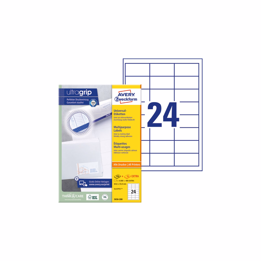Etikett AVERY 3658-200 64,6x33,8 mm fehér univerzális 5280 címke/doboz 200+20 ív/doboz