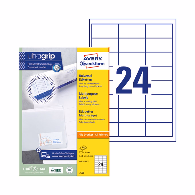 Etikett AVERY 3658 64,6x33,8mm univerzális fehér 2400 címke/doboz 100 ív/doboz
