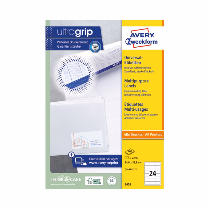 Etikett AVERY 3658 64,6x33,8mm univerzális fehér 2400 címke/doboz 100 ív/doboz