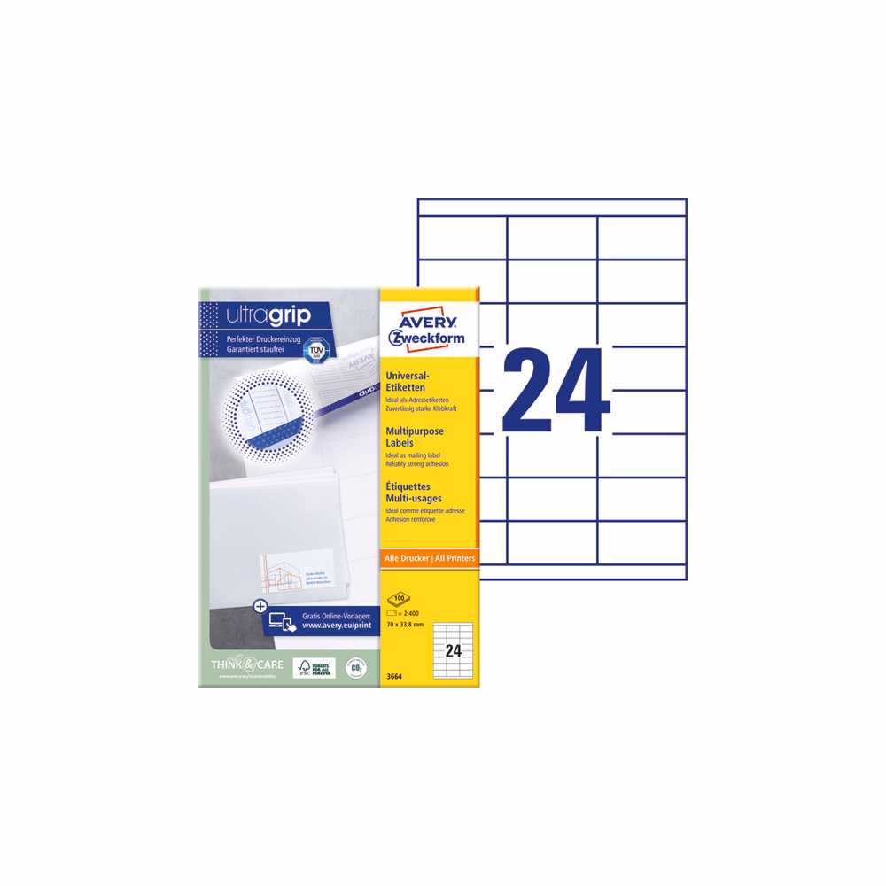 Etikett AVERY 3664 70x33,8 mm fehér univerzális 2400 címke/doboz 100 ív/doboz