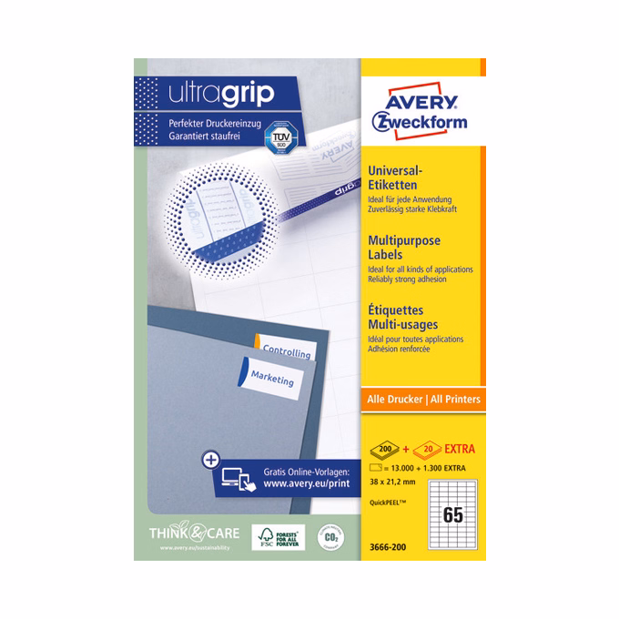 Etikett AVERY 3666-200 38x21,2 mm fehér univerzális 14300 címke/doboz 200+20 ív/doboz