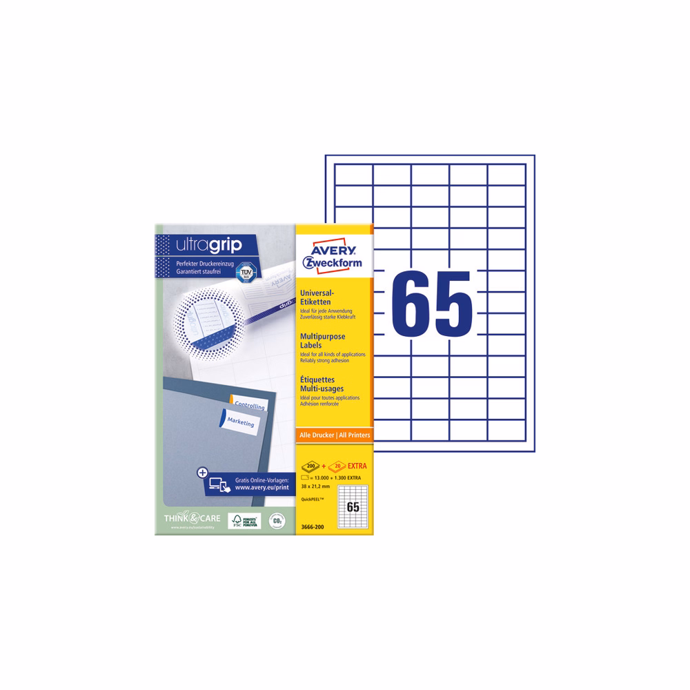 Etikett AVERY 3666-200 38x21,2 mm fehér univerzális 14300 címke/doboz 200+20 ív/doboz