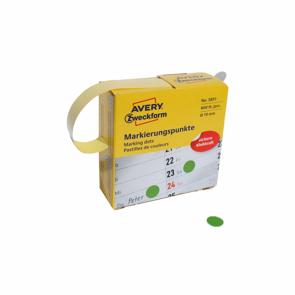 Etikett AVERY 3851 öntapadó jelölőpont adagoló dobozban zöld 10mm 800 jelölőpont/doboz