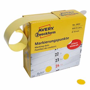 Etikett AVERY 3852 öntapadó jelölőpont adagoló dobozban sárga 10mm 800 jelölőpont/doboz