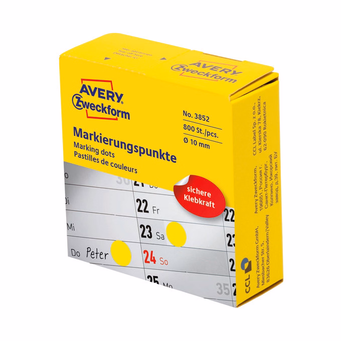 Etikett AVERY 3852 öntapadó jelölőpont adagoló dobozban sárga 10mm 800 jelölőpont/doboz