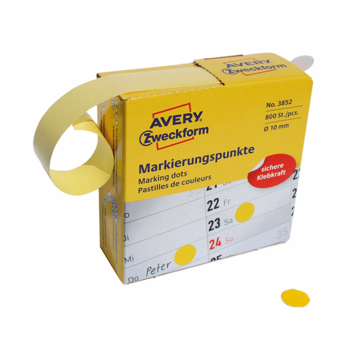 Etikett AVERY 3852 öntapadó jelölőpont adagoló dobozban sárga 10mm 800 jelölőpont/doboz