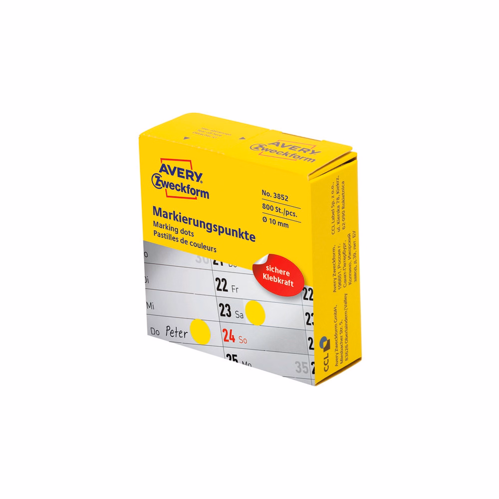 Etikett AVERY 3852 öntapadó jelölőpont adagoló dobozban sárga 10mm 800 jelölőpont/doboz
