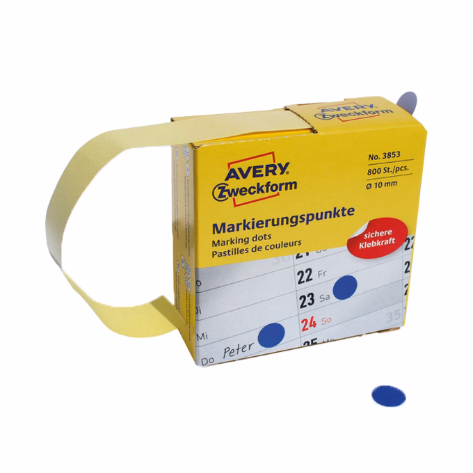 Etikett AVERY 3853 öntapadó jelölőpont adagoló dobozban kék 10mm 800 jelölőpont/doboz