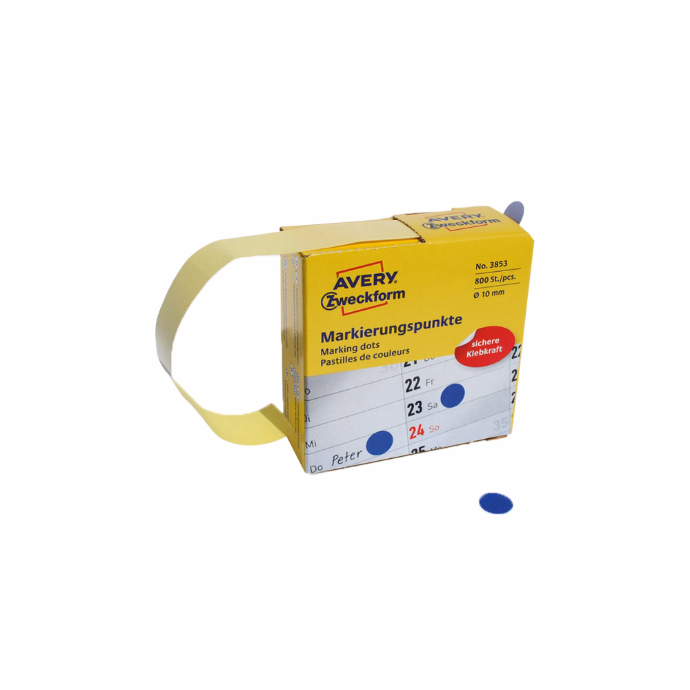 Etikett AVERY 3853 öntapadó jelölőpont adagoló dobozban kék 10mm 800 jelölőpont/doboz