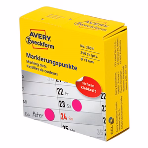 Etikett AVERY 3854 öntapadó jelölőpont adagoló dobozban pink 19mm 250 jelölőpont/doboz