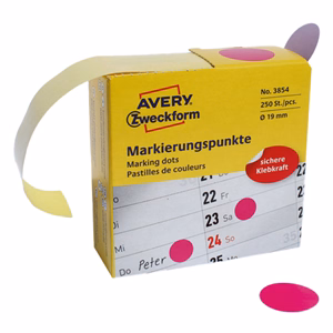 Etikett AVERY 3854 öntapadó jelölőpont adagoló dobozban pink 19mm 250 jelölőpont/doboz