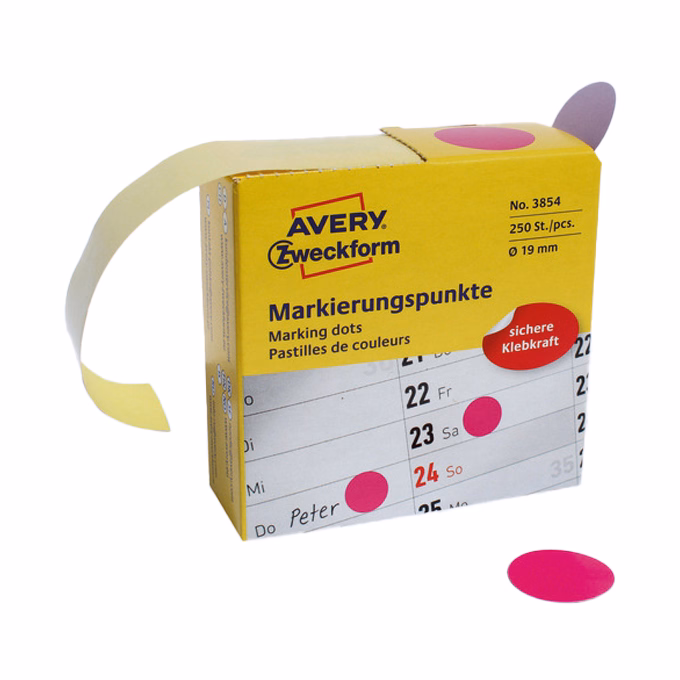 Etikett AVERY 3854 öntapadó jelölőpont adagoló dobozban pink 19mm 250 jelölőpont/doboz