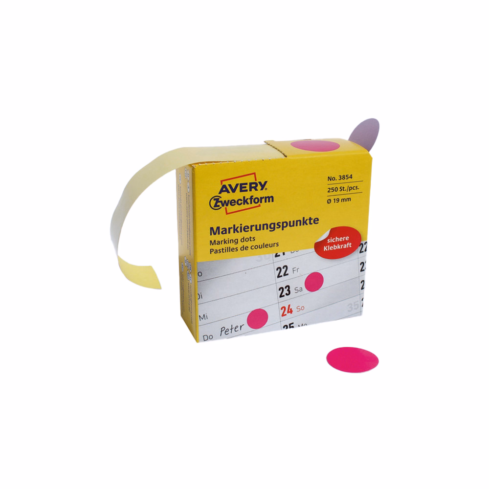 Etikett AVERY 3854 öntapadó jelölőpont adagoló dobozban pink 19mm 250 jelölőpont/doboz