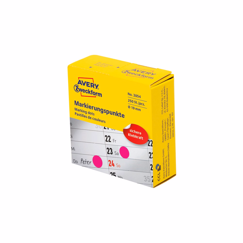 Etikett AVERY 3854 öntapadó jelölőpont adagoló dobozban pink 19mm 250 jelölőpont/doboz