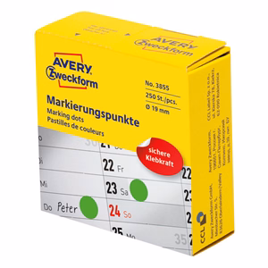 Etikett AVERY 3855 öntapadó jelölőpont adagoló dobozban zöld 19mm 250 jelölőpont/doboz