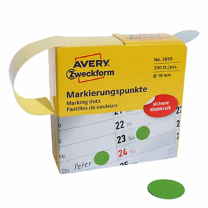 Etikett AVERY 3855 öntapadó jelölőpont adagoló dobozban zöld 19mm 250 jelölőpont/doboz