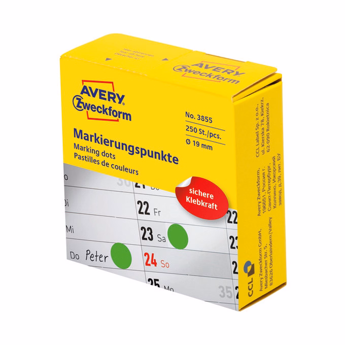 Etikett AVERY 3855 öntapadó jelölőpont adagoló dobozban zöld 19mm 250 jelölőpont/doboz