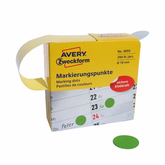 Etikett AVERY 3855 öntapadó jelölőpont adagoló dobozban zöld 19mm 250 jelölőpont/doboz