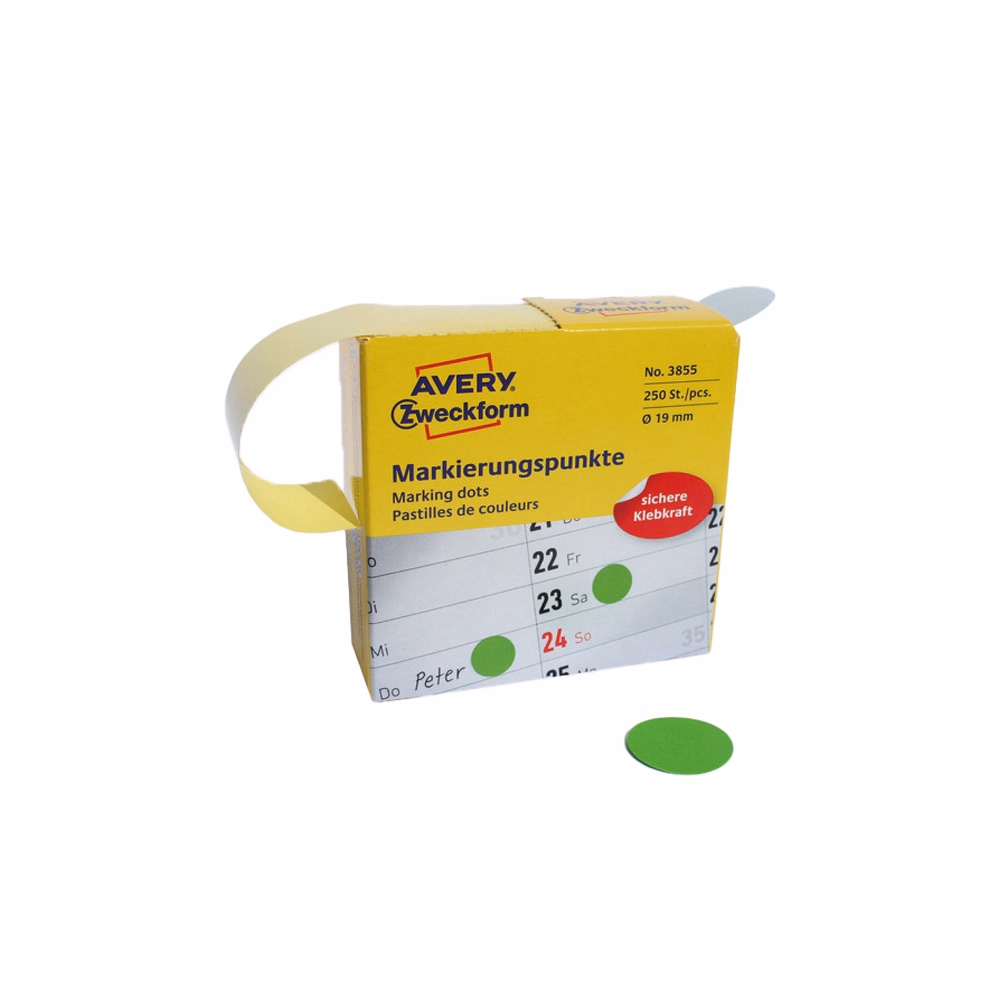 Etikett AVERY 3855 öntapadó jelölőpont adagoló dobozban zöld 19mm 250 jelölőpont/doboz