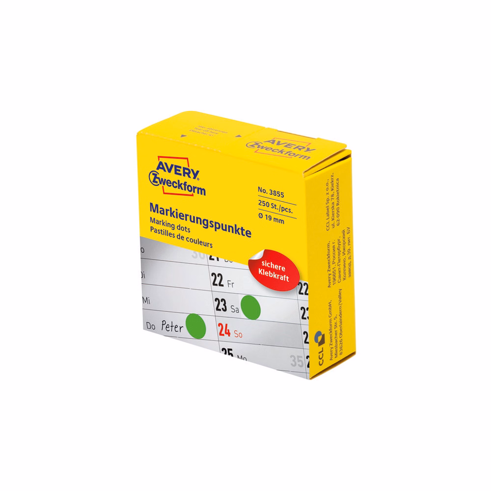 Etikett AVERY 3855 öntapadó jelölőpont adagoló dobozban zöld 19mm 250 jelölőpont/doboz