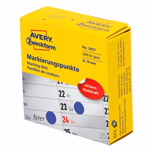 Etikett AVERY 3857 öntapadó jelölőpont adagoló dobozban kék 19mm 250 jelölőpont/doboz