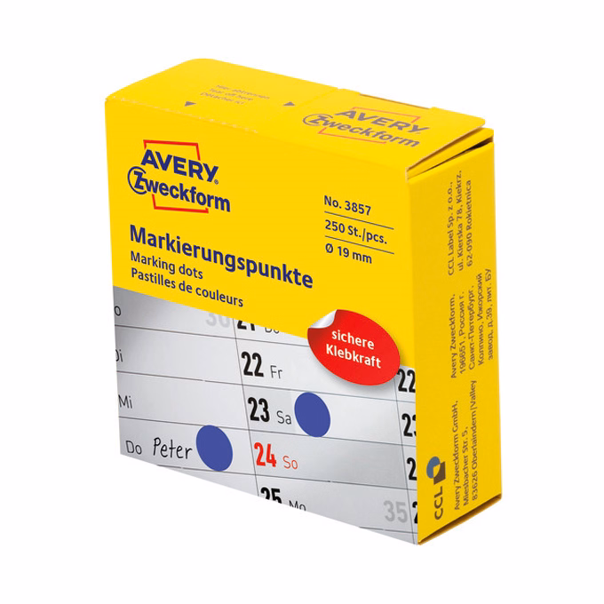 Etikett AVERY 3857 öntapadó jelölőpont adagoló dobozban kék 19mm 250 jelölőpont/doboz