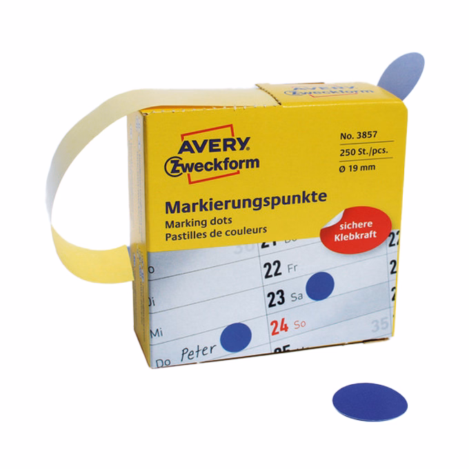 Etikett AVERY 3857 öntapadó jelölőpont adagoló dobozban kék 19mm 250 jelölőpont/doboz