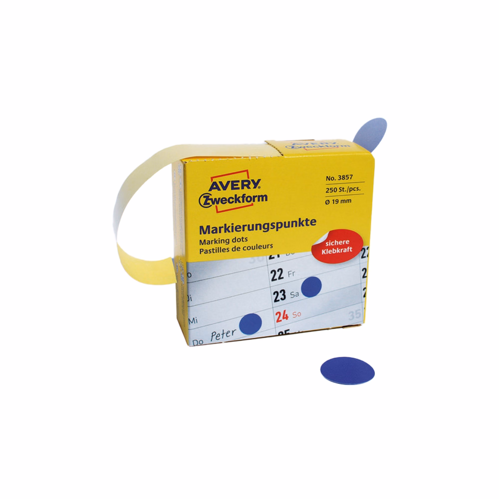 Etikett AVERY 3857 öntapadó jelölőpont adagoló dobozban kék 19mm 250 jelölőpont/doboz