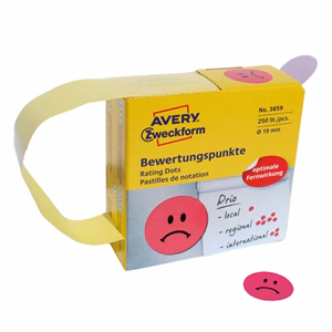 Etikett AVERY 3859 öntapadó jelölőpont adagoló dobozban szomorú arc mintás piros 19mm 250 jelölőpont/doboz