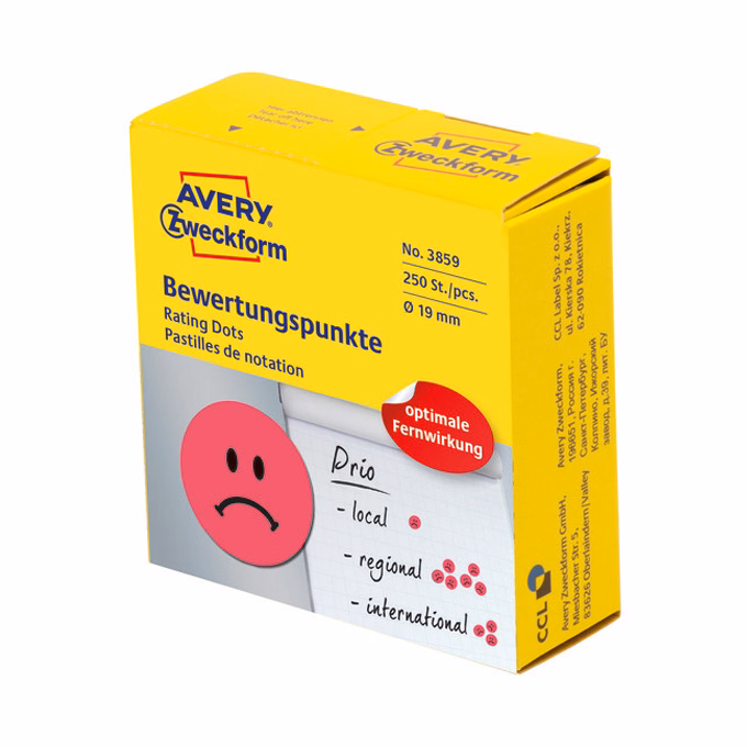 Etikett AVERY 3859 öntapadó jelölőpont adagoló dobozban szomorú arc mintás piros 19mm 250 jelölőpont/doboz