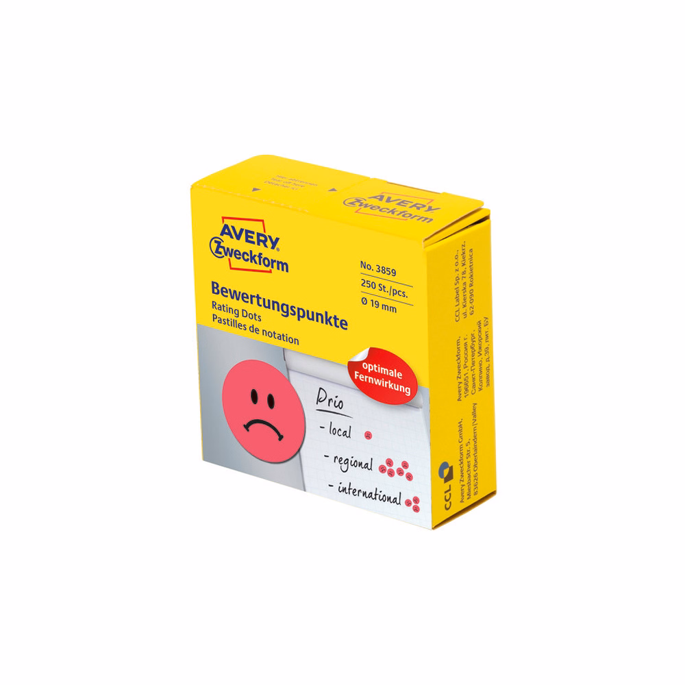 Etikett AVERY 3859 öntapadó jelölőpont adagoló dobozban szomorú arc mintás piros 19mm 250 jelölőpont/doboz