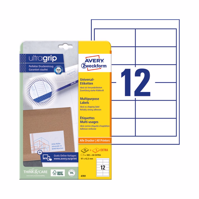 Etikett AVERY 4781 97x42,3mm univerzális fehér 360 címke/doboz 30 ív/doboz