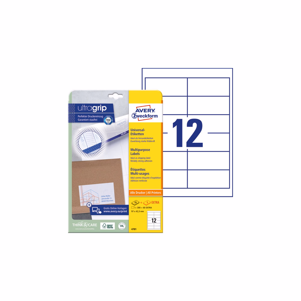 Etikett AVERY 4781 97x42,3mm univerzális fehér 360 címke/doboz 30 ív/doboz