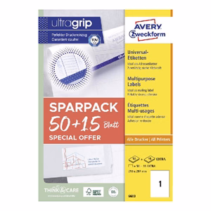 Etikett AVERY 6603 210x297 mm univerzális fehér 65 címke/csomag 50+15 ív/ csomag