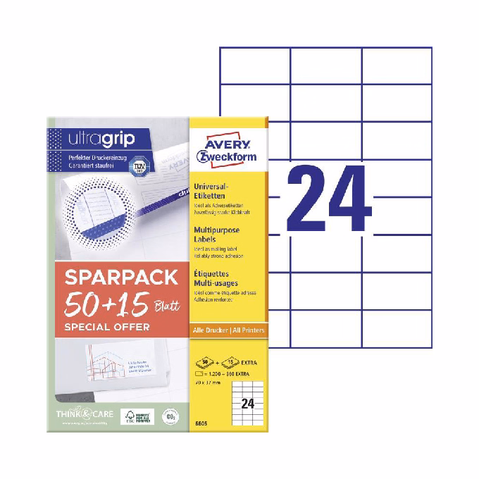 Etikett AVERY 6605 70x37 mm univerzális fehér 1560 címke/csomag 50+15 ív/ csomag