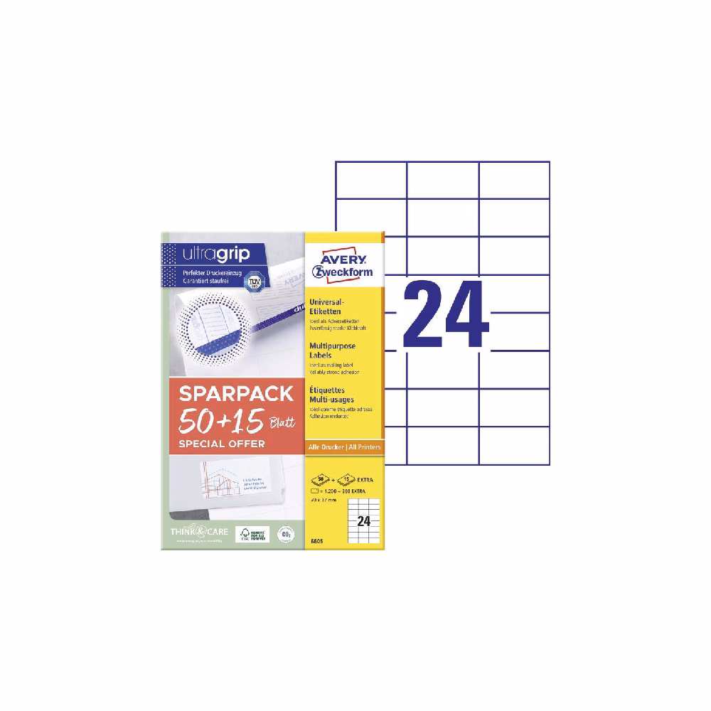 Etikett AVERY 6605 70x37 mm univerzális fehér 1560 címke/csomag 50+15 ív/ csomag