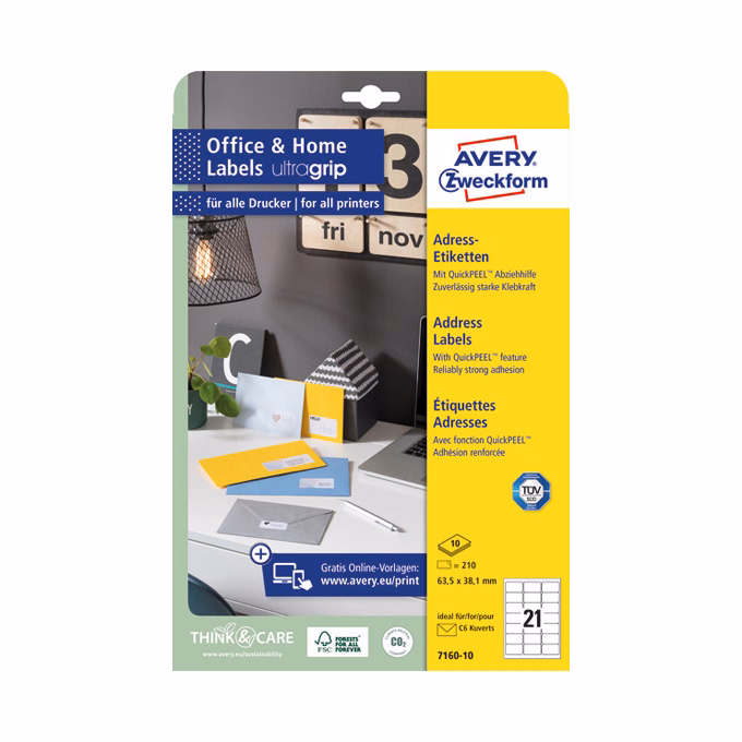 Etikett AVERY 7160-10 63,5x38,1mm 210 címke/doboz 10 ív/doboz