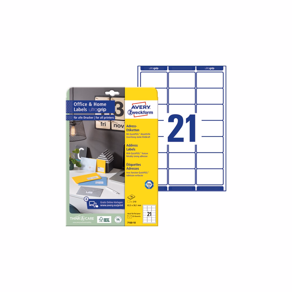 Etikett AVERY 7160-10 63,5x38,1mm 210 címke/doboz 10 ív/doboz
