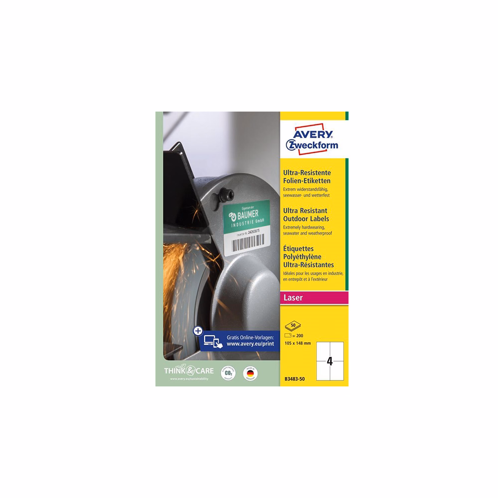 Etikett AVERY B3483-50 105x148 mm ultra ellenálló 200 címke/csomag 50 ív/csomag