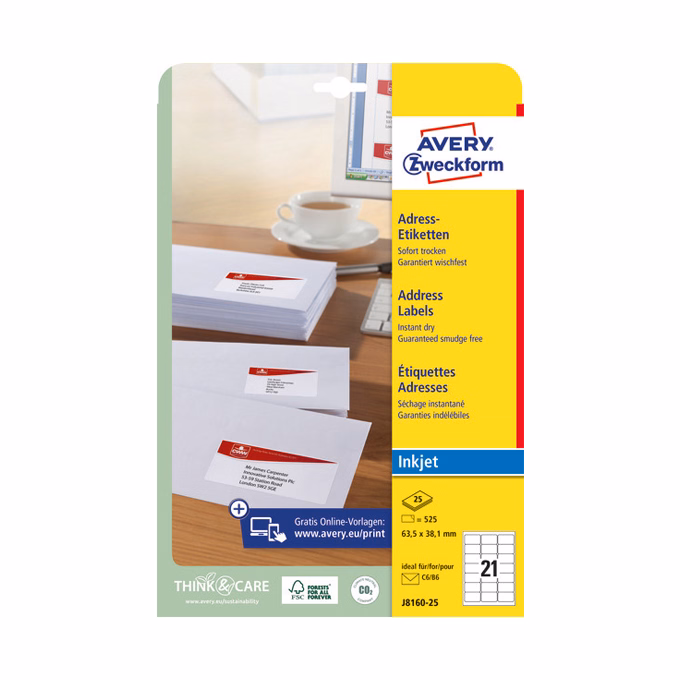 Etikett AVERY J8160-25 63,5x38,1mm inkjet 525 címke/doboz 25 ív/doboz