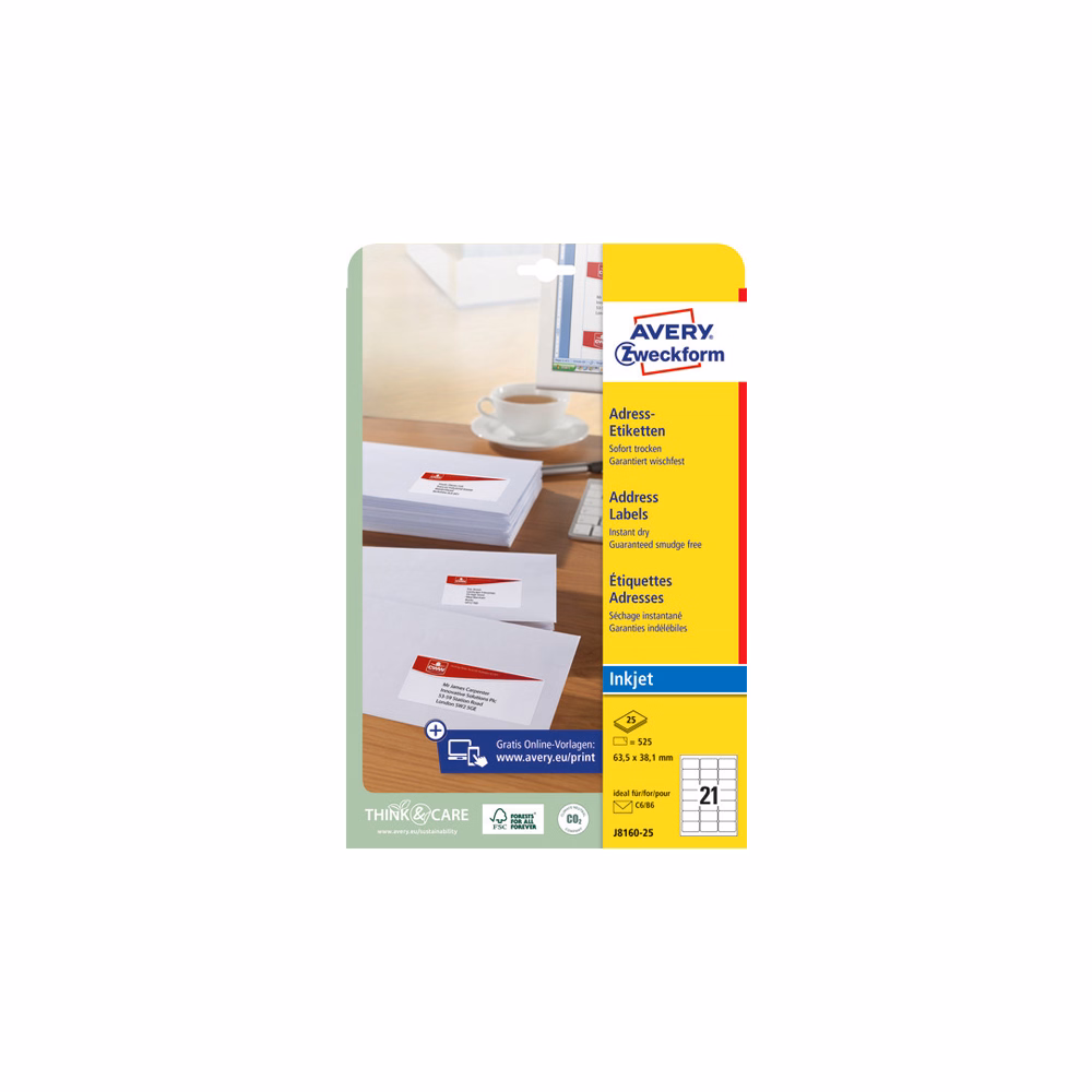 Etikett AVERY J8160-25 63,5x38,1mm inkjet 525 címke/doboz 25 ív/doboz