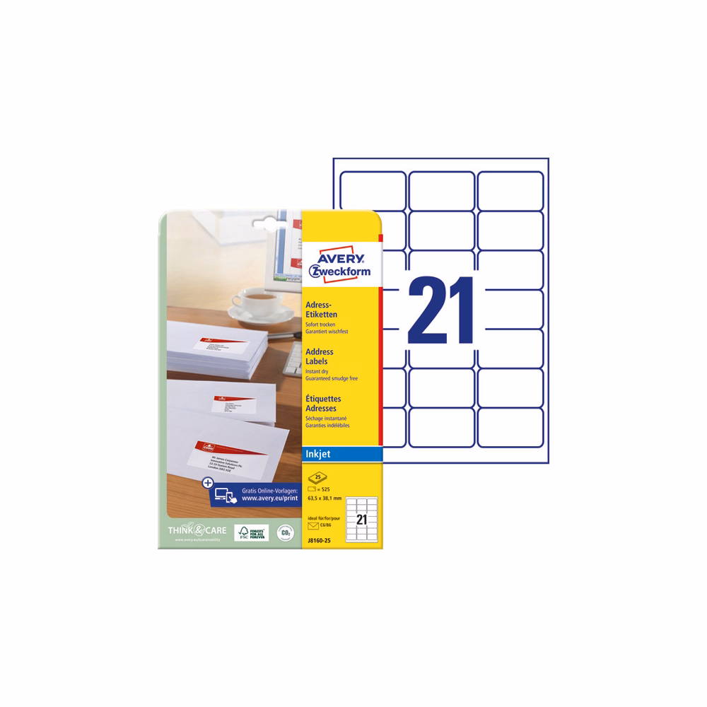Etikett AVERY J8160-25 63,5x38,1mm inkjet 525 címke/doboz 25 ív/doboz