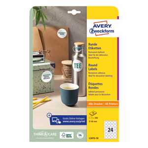 Etikett AVERY L3415-10 kör alakú 40 mm átmérő 240 címke/doboz 10 ív/doboz
