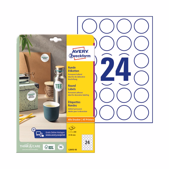 Etikett AVERY L3415-10 kör alakú 40 mm átmérő 240 címke/doboz 10 ív/doboz