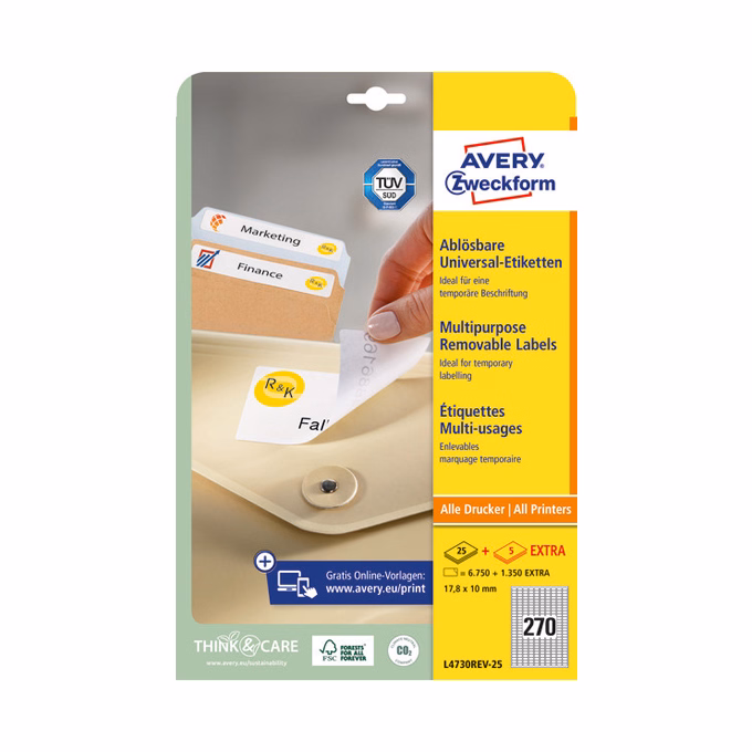 Etikett AVERY L4730REV-25 17,8x10mm visszaszedhető 6750 címke/doboz 25 ív/doboz