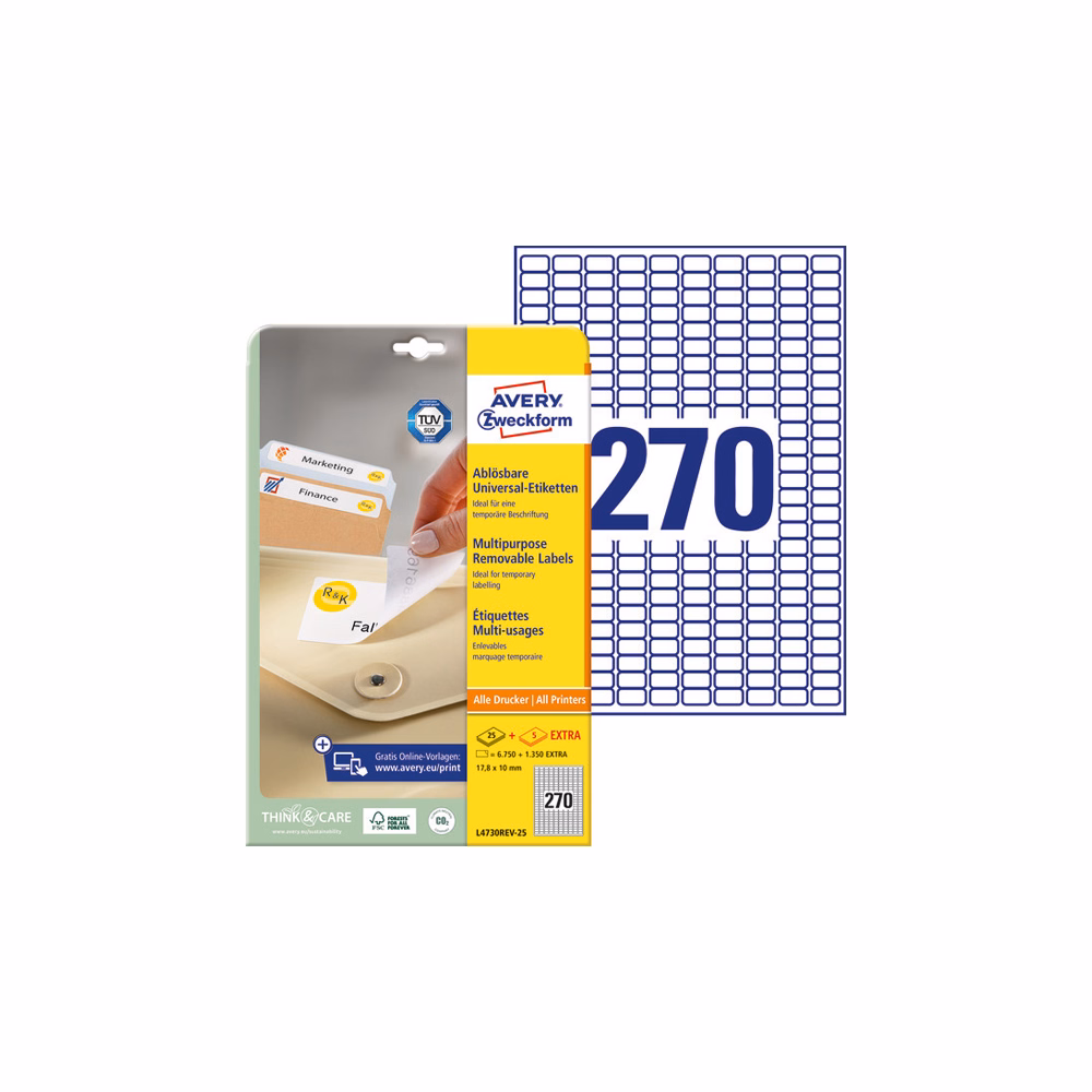 Etikett AVERY L4730REV-25 17,8x10mm visszaszedhető 6750 címke/doboz 25 ív/doboz